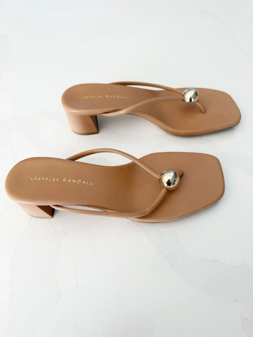 Loeffler Randall Tan Leather Toe-Post Sandals with Gold Dome - Picture 4 of 7